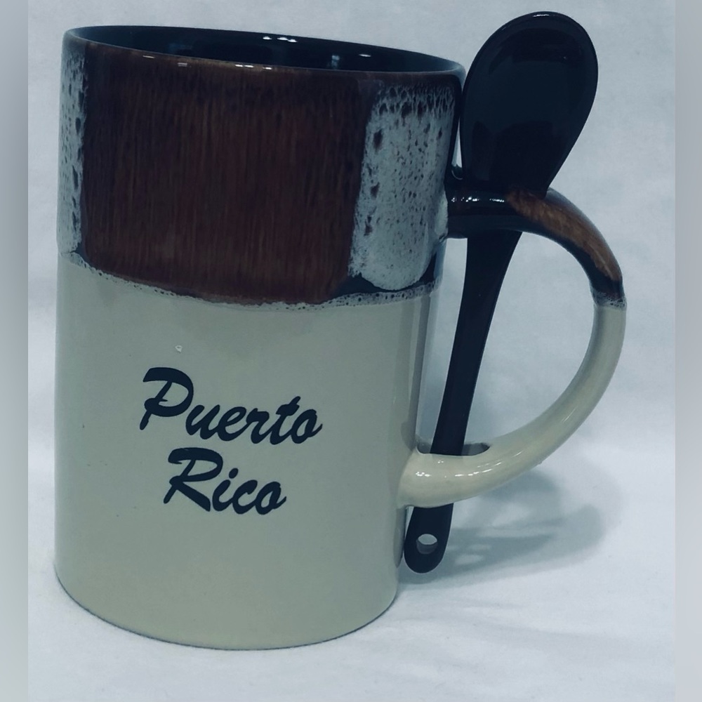 Mug  with teaspoon Puerto Rico graphic ceramic brown. 12oz